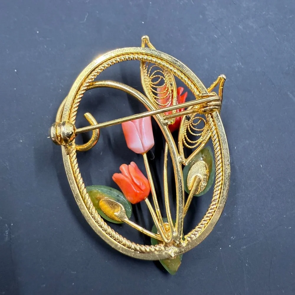Vintage Tulip‎ Flower Brooch Coral Jade Green Red Gold Tone Oval Pin 2